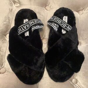 BCBG black furry slippers with elastic strap, new